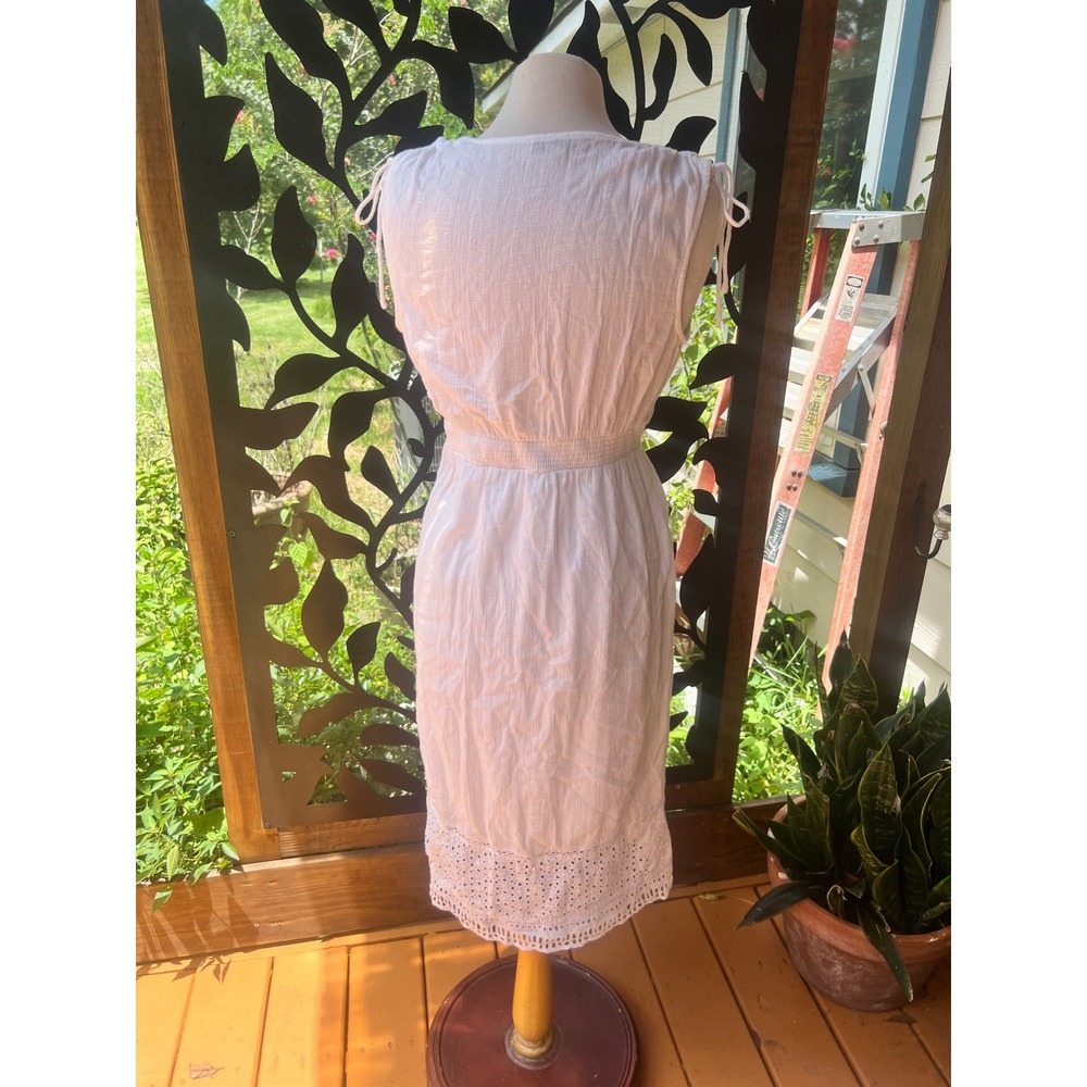Heartloom White Eyelet Hem Midi Dress Gauze Button Front V-Neck Sleeveless Small - Picture 2 of 8